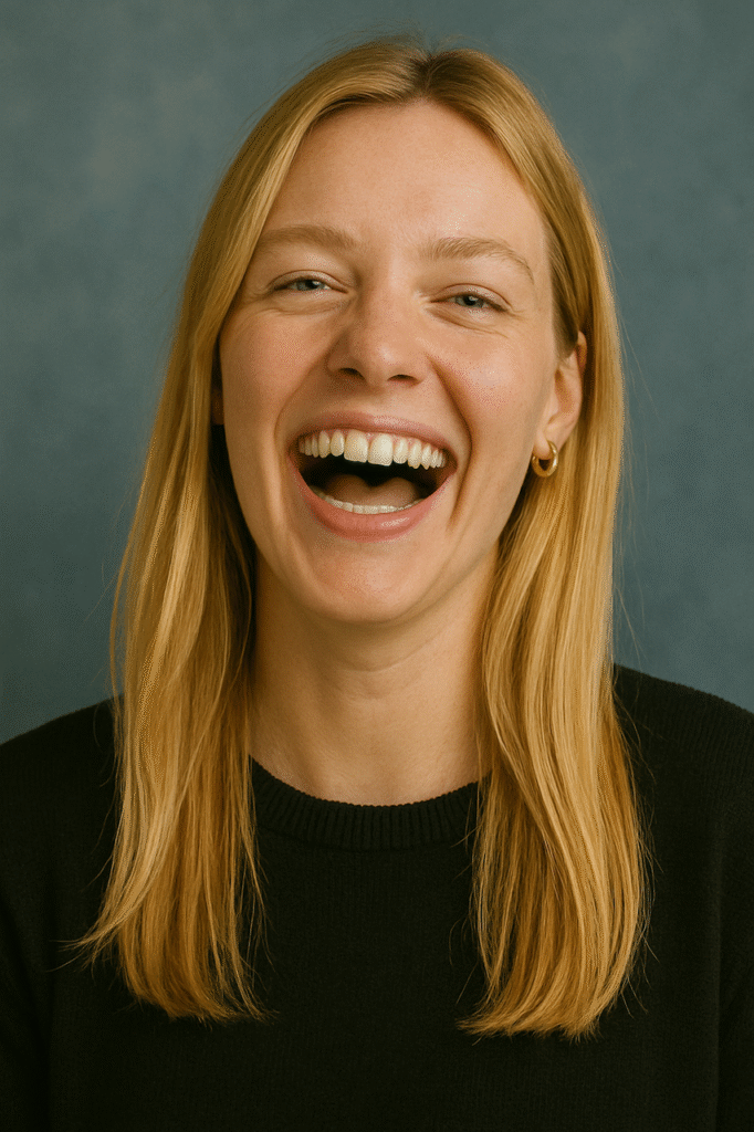 A smiling woman with long blonde hair, wearing a black sweater, in front of a textured blue background.